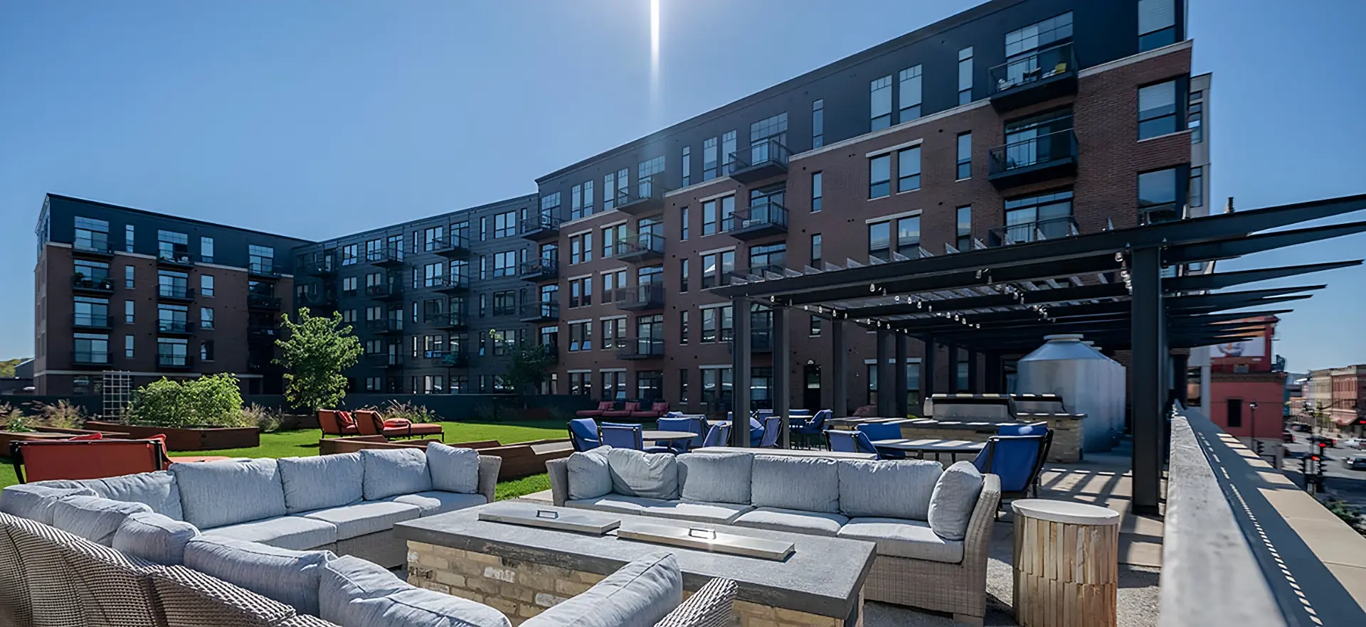 Modern apartment community at dusk
